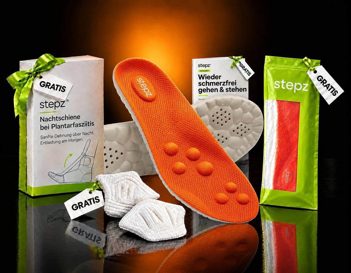 stepz Halloween-Paket: stepz Entlastungssohle, Nachtschiene, Ratgeber, Sohlen-Tüte und Fersenpolster mit GRATIS-Schildern